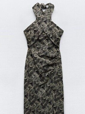 ZARA Halter Midi Slit Embroidered Black & White Dress S Small